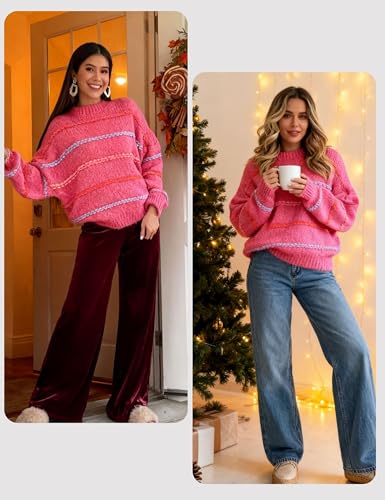 Image of QIBABU Womens Striped Sweaters Casual Lantern Sleeve Color Block Knit Pullover Sweater Tops