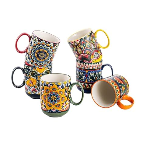 Zestaw 6 filiżanek do kawy, z uchwytem, 410 ml, porcelanowe filiżanki do herbaty, kawy, mleka, cappuccino, kolorowe, 6 sztuk w opakowaniu - styl boho