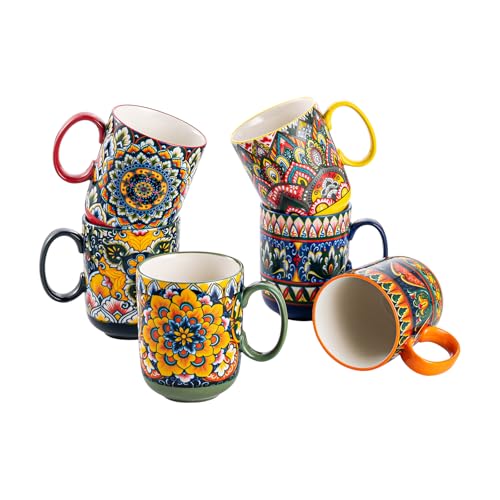 Kaffeetassen Set 6er, Tassen Set mit Henkel, 400ML Kaffeebecher Porzellan, Porzellantassen für Tee Kaffee Milch Cappuccino, Bunte, 6er Pack - Bohemian Style