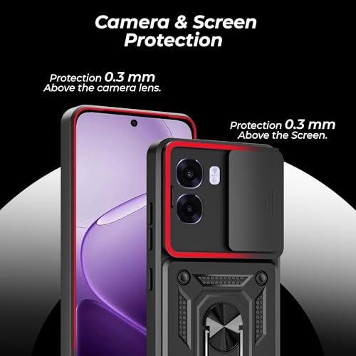 Image of A rtistque Armor Bumper Back Cover Case for Oppo K14x 5G / Oppo A6x / A6s 5G | Ring Holder Stand | Sliding Camera Protection | Shockproof Heavy Duty Design | Oppo K14x Back Cover - Black