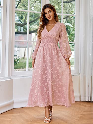 Image of Simplee Women's Long Sleeve Maxi Dress Burnout Floral V Neck Formal Dress(XL Pink)