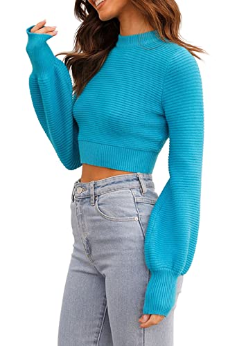 Image of Womens Sexy Crew Neck Cropped Sweaters Knit Long Sleeve Crop Tops Pullover