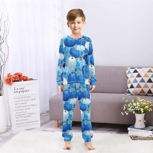 Autumn Blue White Pumpkins Soft Pajama Set for All Seasons,Breathable Pjs Long Sleeve Sleepwear,Comfy Loungewear 2 Piece Underwear Set 8T4