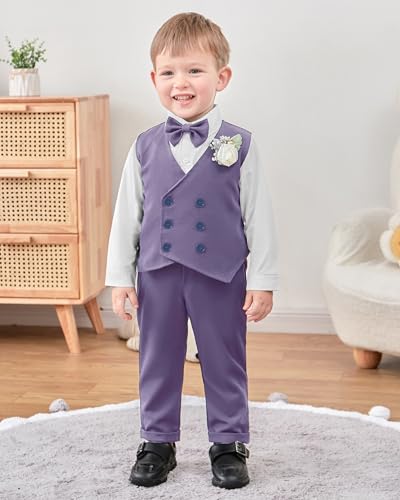 Image of YALLET Toddler Baby Boy Clothes Suit Gentleman Wedding Outfits, Formal Dress Shirt+Bowtie+Vest+Boutonniere+Suspender Pants