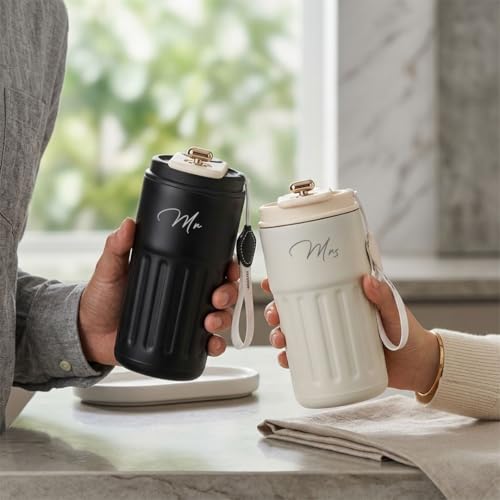 Image of Giftana Mr and Mrs Coffee Tumbler Set of 2, Premium Travel Mug Gift Set, 420ml Black & White Tumblers for Couples, Newlyweds, Husband & Wife, Bridal Shower, Wedding, Anniversary and Engagement Gifts