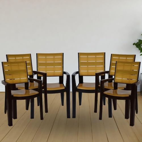 Image of ITALICA Designer Series Comfortable Plastic Arm Chair /Double Insert Stackable Chair for Home, Office /Plastic Chair /Sturdy & Durable Chair /Indoor and Outdoor (Set 6, Brown & Gold)