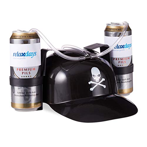 Relaxdays 4X Casques à Bière Pirate Casque à Boisson avec Tuyau 2 Canettes Casque Anti Soif Tête de Mort Fête Carnaval, Noir
