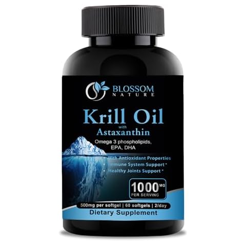 Blossom Nature Antarctic Krill Oil 1000mg with Astaxanthin Phospholipids Fatty Acids EPA DHA-Support Healthy Joints Hair Skin-500mg per Softgel, 60 Krill Oil Softgels with Vanilla flavor Cover