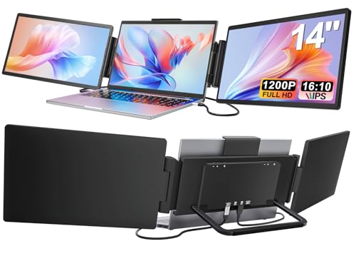Image of Laptop Screen Extender, 14 inch 1200P FHD IPS Light & Portable Triple Monitor 16:10 for 13.3 inch-16 inch Laptops, USB-C & HDMI Plug & Play Monitor Extender with Metal Stand for Mac /Wins /Android /Chrome