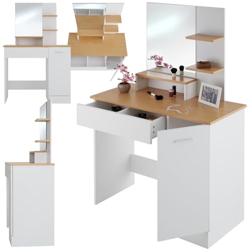tectake® Coiffeuse avec Miroir Table de Maquillage Vanity Desk Moderne avec 3 étagères 1 tiroir, 1 Compartiment à Porte Rangement Maquillage Meuble...