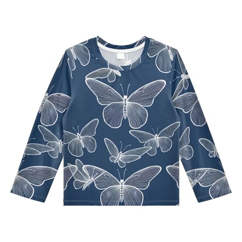 DOMIKING Outline Butterfly Drawing Navy Boys Long Sleeve Rashguard Shirt Kids Quick Dry Swim Shirt for Toddler Kid 9-10T