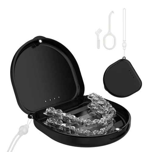 Caja para Dentaduras y Estuche para Alineadores - Bandeja Extraíble y Cepillo de Limpieza, Organizador para Retenedores, Prótesis y Protectores Bucales (Negro)