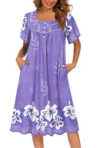 Image of Ekouaer Women's House Dress with Pocket Button Mumus | Short Sleeve Nightgown, Floral Print Mumu Dresses, Square Casual Sleepwear, Boho Roomy Housecoat, Plus Size Soft Sleepwear