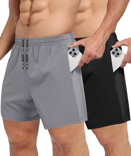 BOOJO 2 Pack Men's Gym Workout Shorts - 5'' Quick Dry Athletic Running Shorts for Casual Basketball with Zipper Pockets Black/Light Gray