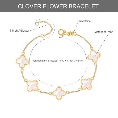 LeCalla 925 Sterling Silver Clover Bracelet Lightweight Adjustable Mother of Pearl Flower Chain Bracelet for Women with Lobster Claw Clasp3