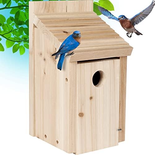 Wooden Bird House for Outside - Bluebird Birdhouse for Outdoors for Finch Cardinals, Hanging Bird Houses for Outdoors Clearance with Fledging Grooves, Secure Latch, Air Vents - Weatherproof Birdhouses