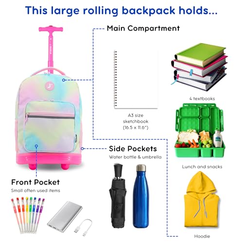 Image of J World Sunrise Kids Rolling Backpack with Wheels for Girls Boys, Roller Bookbag for School, 18 x 13 x 9 Inches, Aurora