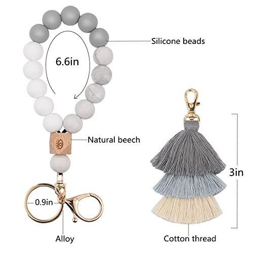 Bisanzoya Beaded Keychain With Tassel, Silicone Key Ring Bracelet, Boho Car Key Chain Wristlet Cute Tassel For Women And Girls (White Marble) #TOP1