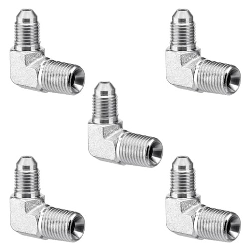 Image of 5 Pack 90 Degree Elbow Hydraulic Adapter Fittings: 1 /4 inch JIC Male x 1 /4 inch NPT Male, with Protection Cover Hydraulic Hose Crimp Connectors | 5 Pack Carbon Steel Hydraulic Hose Crimp Connectors with Protective Covers for Hydraulic Applications - 2501-04-04