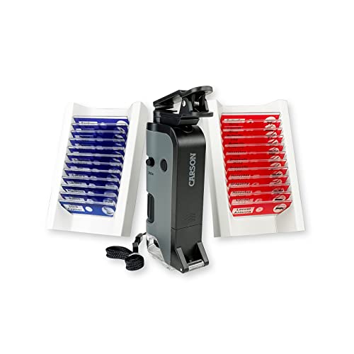 Carson MicroFlip 100x-250x LED and UV Lighted Pocket Microscope with Flip Down Slide Base and Adapter with CarsonCam Phone App - Bundle Included with 24 Prepared Insect and Animal Slides (MP-250BUN) by Carson - Used condition - US$20.63