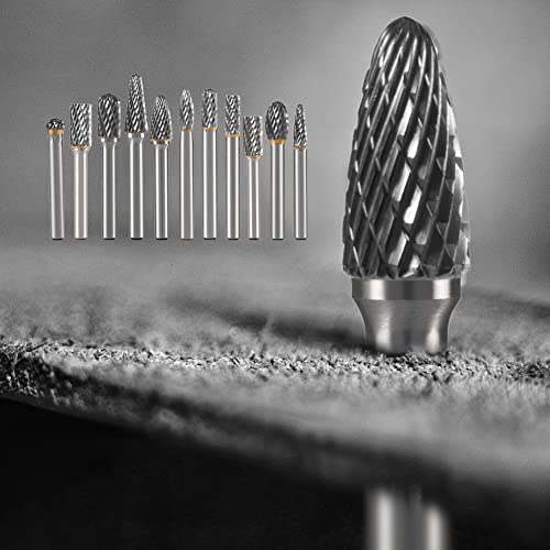 Image of HIDOTOL Carbide Burr Set 1 /4 inch Shank 10PC Tungsten Double Cut Carbide Rotary Burr Set for Metal and Wood Carving, Grinding, Polishing, Engraving, Drilling in Sturdy Round Case.