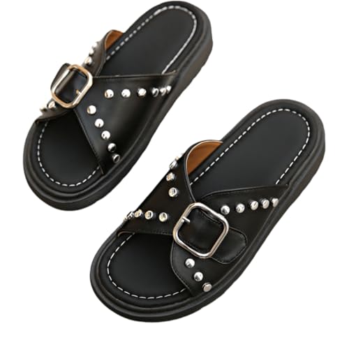 Womens' large-sized thick-soled flip-flops with rivets, belt buckles, exposed toes, breathable, outdoor and indoor beach