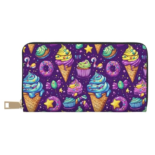 Leather Thin Slim Wallets for Women Men - Fashion Purple Ice Cream Donut Print Card Wallet Holder with Zipper