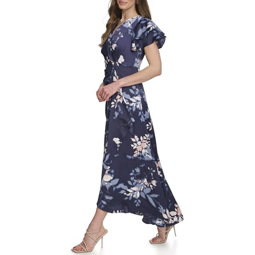 DKNY Women's Short Flutter Sleeve Surplice Neck Draped Bodice Evening Gown3