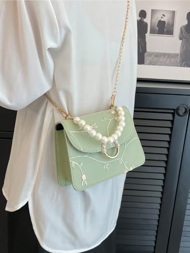 Women's Floral Pearl Flap Shoulder Handbags Top Handle Square Satchel Purse with Chain Strap2