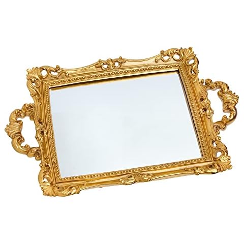 DECO DESIGN Decorative Mirrored Jewellery Tray ~ Elegant Designed Vintage Display and Serving Tray with Gold Rim Cover
