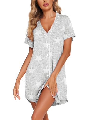 Image of Ekouaer Womens Nightgown Button Down Sleep Shirts Short Sleeve Nightshirt V-Neck Sleepdress Soft Sleepwer