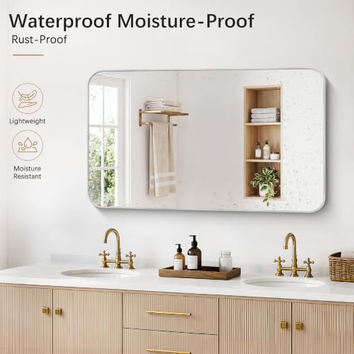 Image of DESBING 50 inchx30 inch Bathroom Mirror for Over Sink, Silver Framed Wall Mirror | High-Definition Shatterproof Vanity Mirror with Rounded Corner for Bedroom Living Room Entryway Horizontally or Vertically