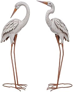 TERESA'S COLLECTIONS 60cm Elegant White Heron Garden Ornaments Outdoor, Set of 2 Standing Metal Crane Garden Statues Sculptures, Garden Bird Art Decor for Yard Porch Patio Lawn Decoration
