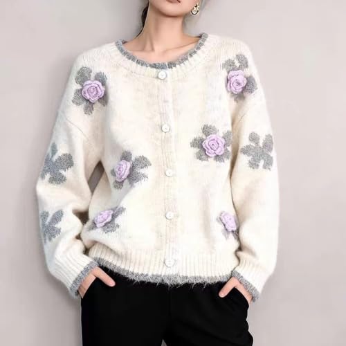 Image of FindThy Women's Kawaii 3D Floral Cardigan Long Sleeve Crewneck Knit Cardigan Sweaters