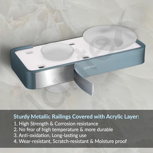 Image of Plantex Aluminium and Acrylic Soap Holder with Tumbler Holder /Soap Dish with Toothbrush Holder for Bathroom - (Grey and Milky White)