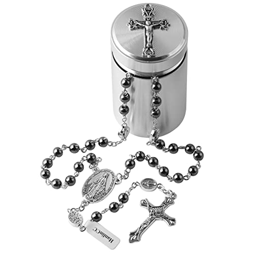 HanlinCC 6mm Hematite black stone beads Miraculous Rosary Necklace with Cross Metal Gift Box ofr Men and Women2