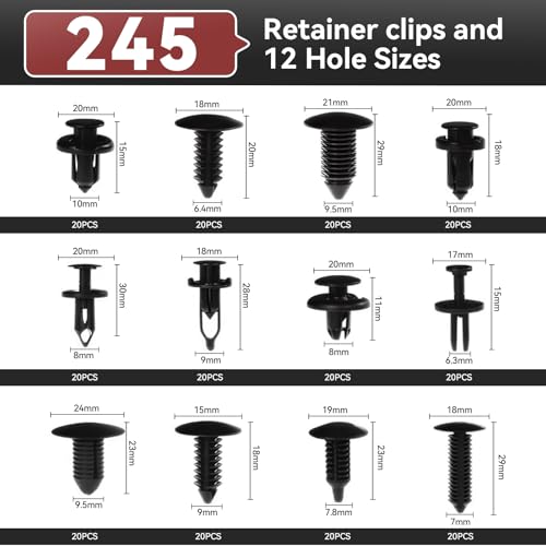 Image of 245Pcs Car Retainer Clips & Tools All-in-One Kit - 240 Black Push Pins (12 Sizes) with 5 Orange Pry Bars Stored Inside Box. Portable Bumper Fender Fastener Set for GM Ford (245Pcs)