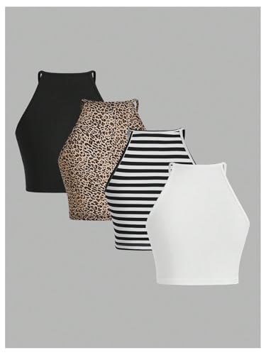 OYOANGLE Women's 4 Pack Leopard Print Crew Neck Cami Top Striped Sleeveless Crop Tank Tops2