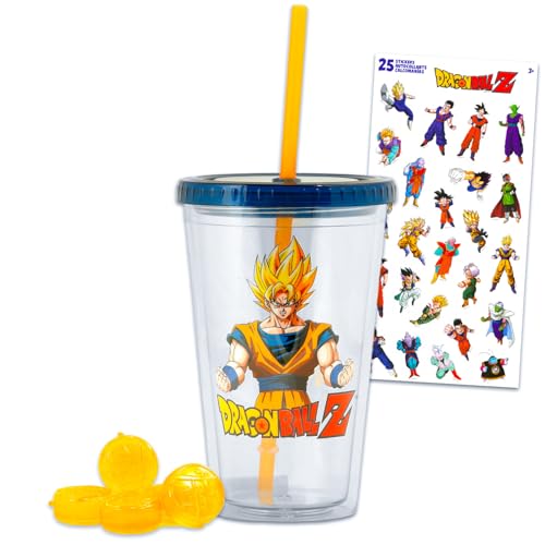Dragon Ball Z Tumbler Set - Bundle with 18 Oz DBZ Tumbler Cup with Lid and Straw Plus Stickers Reusable Drinkware Set for Kids Men Women
