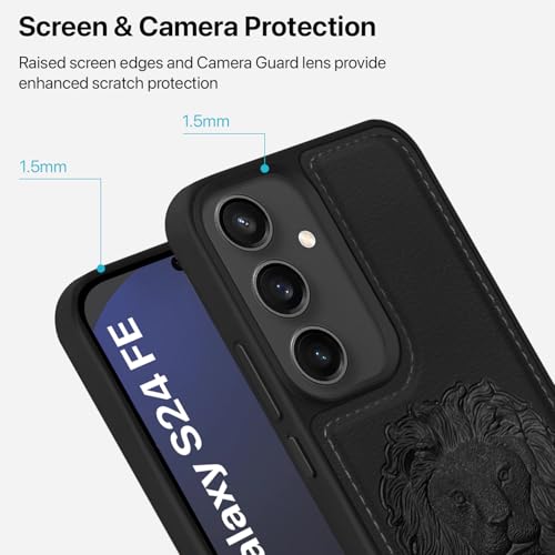 Image of Vaku Luxos Lion Embossed Back Cover Case for Samsung Galaxy S24 FE 5G Premium Leather Stitched Soft Shockproof Protective TPU Phone Case Camera Screen Protector- Black