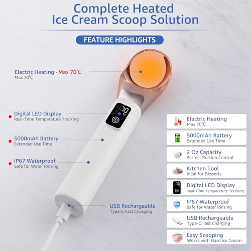 Electric Heated Ice Cream Scoop, Kitchen Gadget with Digital LED Temperature Display for Easy Scooping Rechargeable Scooper Dessert Server 5000mAh USB Powered IP67 Waterproof Kitchen Tool 2 Oz Max70°C - Image 6