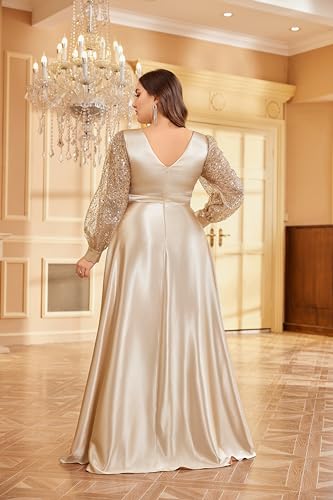 Image of XUIBOL Plus Size Women's Sequin Patchwork Long Sleeve Evening Party Dress Champagne 20