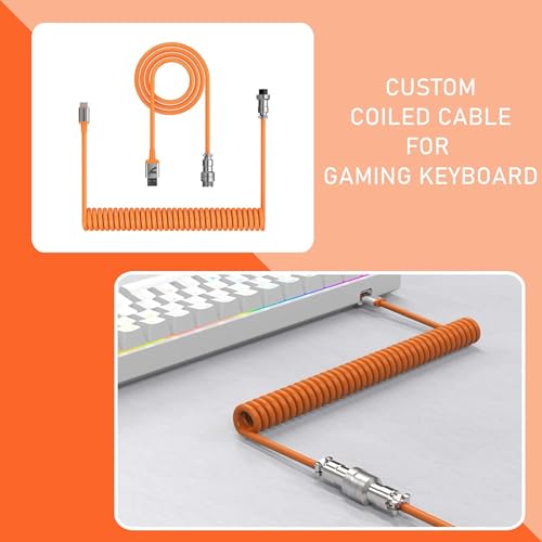 Image of C04 2 in 1 Custom Coiled USB C Cable for Gaming Keyboard-Detachable Double Sleeve Spiral Cable with 5 Pin Aviator Connector for PS4,Xbox-USB A To Type C&Type C To Type C(1.62+3.28inch)-Orange