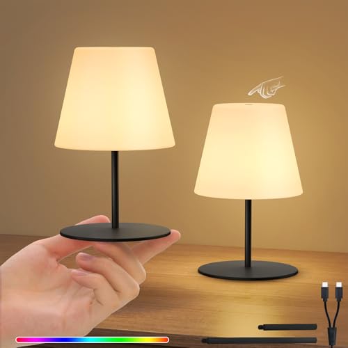 RWWR 2 Stück Tischlampe kabellos LED Akku Nachttischlampe Mini Kleine 8 Farben USB-C aufladbar Tischleuchte Outdoor Indoor – IP44 Wetterfest, 8-10h Akkulaufzeit, 9x9x17cm, Höhenanpassung (Schwarz)