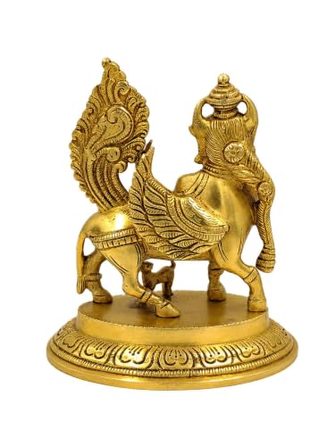 Image of 6-Inch Brass Kamdhenu Cow with Calf Statue - Traditional Sacred Wish-Fulfilling Surabhi Gaumata Murti for Home Temple Mandir, Living Room, and Office Decor - Weight 1350 Grams