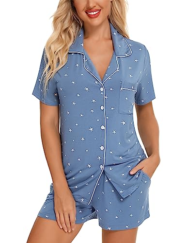 Image of Pjmlifecoco Women's Modal Pajama Set Short Sleeve Button Down Two Piece Soft Sleepwear with Shorts Loungewear S-XXL