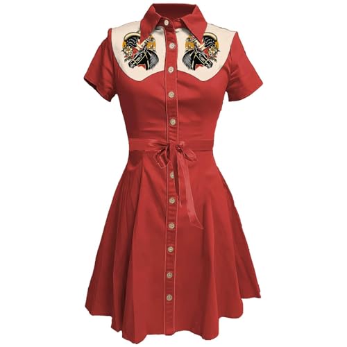 Generisch Western Floral Print Shirt Dress Women's Summer Retro Style Button Down Casual Midi Dress Long Sleeve Everyday, Brick Red, L