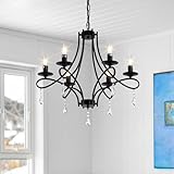 6-Light Crystal Chandelier Black Ceiling Light Fixture with Metal Frame Modern French Pendant Light for Bedroom Dining Room Kitchen Island and Living Room 22 inches Hanging Light by CASFS