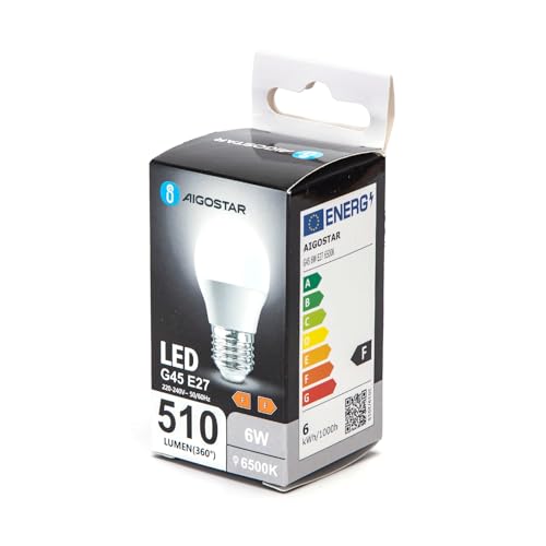 Bombilla LED G45 E27 6W 6500K, alta eficiencia energética, luz blanca fría, ideal para iluminación general y ambientes de trabajo.