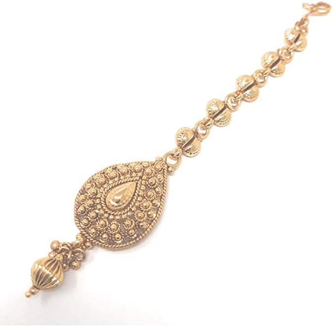 Duel On Jewel Traditional Indian Bridal Matha Patti Forehead Headpieces for Women, Gold-Plated with Teardrop Pendants, Bead Drops, and Side Chains, Hair Ornaments for Wedding Party Dance Gift Jewelry